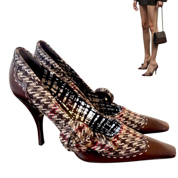 Y2K VINTAGE PRADA HEELS HOUNDSTOOTH TWEED ACADEMIA PUMPS US 9-9.5/EURO 40 EUC - Picture 2 of 8
